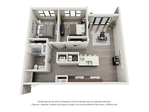 A 3D floor plan of a small apartment with a kitchen, living room, and bedroom.